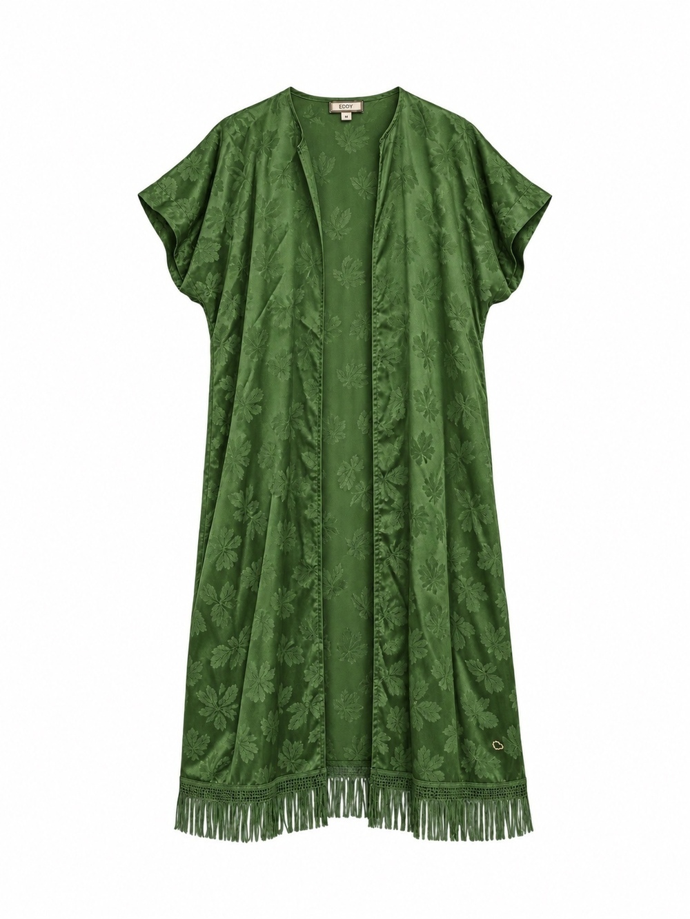 EDDY Rachael Jacket Emerald Green Floral Jacquard Fringe Long Duster Medium